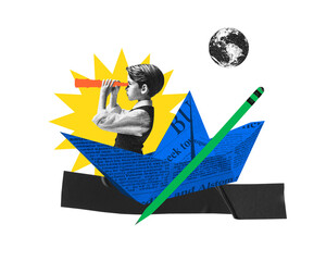 Surreal retro collage of a boy on a paper boat with a telescope, Earth in space, pencil and vintage newspaper cutouts
