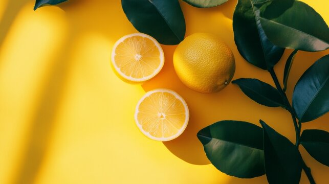 Yellow citrus composition with lemons and green leaves on vibrant background