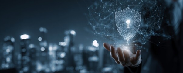 Businessman's Hand Protecting Digital Network Data with Cybersecurity Shield Over Blurred Cityscape Technology Concept Safeguarding Global Business Information and Privacy