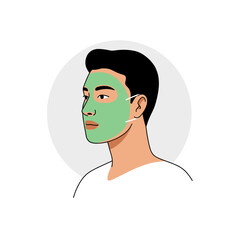 Young man applying green face mask in skincare routine  