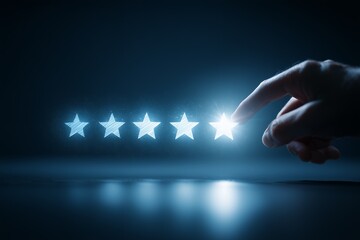Measuring digital customer satisfaction through a hand selecting a perfect five star rating interface indicating service quality excellence success and online feedback evaluation