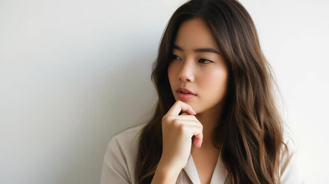 A young Asian professional thinks deeply with her hand on her chin against a white background. This shot is perfect for business concepts.
