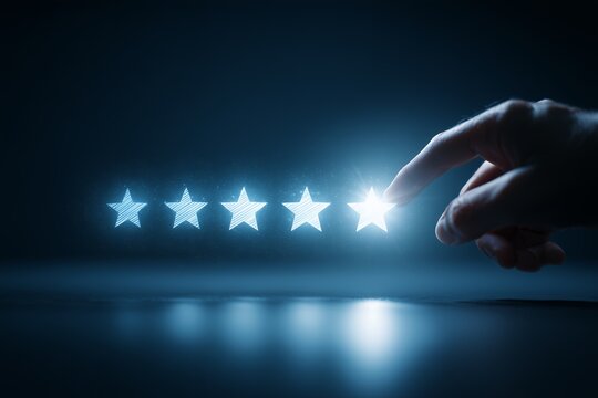 Measuring digital customer satisfaction through a hand selecting a perfect five star rating interface indicating service quality excellence success and online feedback evaluation
