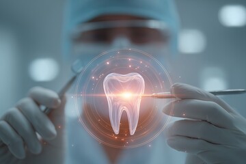 Professional dentist uses advanced technology presenting detailed holographic visualization of tooth anatomy showcasing modern oral healthcare science diagnostics and future