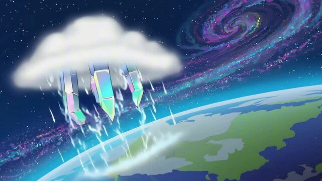 A raincloud above Earth with holographic crystal lightning bolts, cartoon animation, divine scale, soft falling rain 