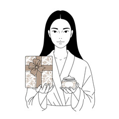 Young woman holding gift box and jar while wearing robe  