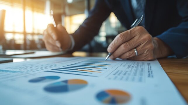 Senior person reviewing financial documents in office