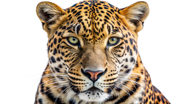 A majestic jaguar stares intensely at the camera, its striking spots and piercing gaze captivating the viewer against a stark transparent background