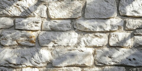 Fototapeta premium Sunlit white masonry wall with rough stone texture and shadow play