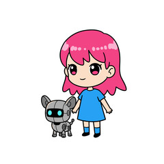 Girl with pink hair holding a robotic dog in cheerful style  