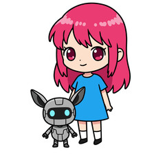 Cute girl with pink hair standing beside a small robot 