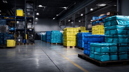 Large warehouse interior with stacked boxes and industrial shelves under fluorescent lighting and storage logistics