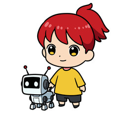 Cartoon child with red hair standing next to a small robot  