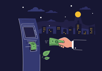 Hand withdrawing cash from ATM at night with city skyline background  