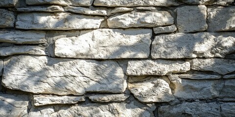 Obraz premium Sunlit white masonry wall with rough stone texture and shadow play