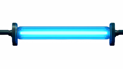 Captivating close up of a glowing cylindrical UV light, perfect for illustrating sterilization, sanitization and scientific concepts on a dark backdrop.