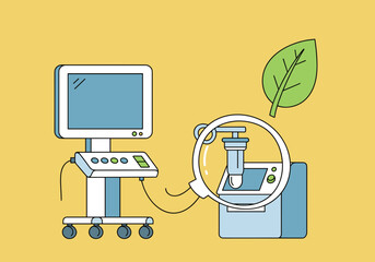 Medical equipment with monitor and test tube on yellow background  