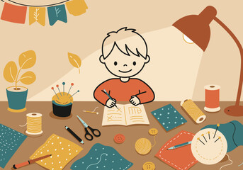 Young boy crafting and drawing at a desk with sewing materials  