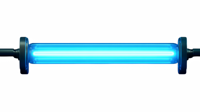 Captivating close up of a glowing cylindrical UV light, perfect for illustrating sterilization, sanitization and scientific concepts on a dark backdrop.