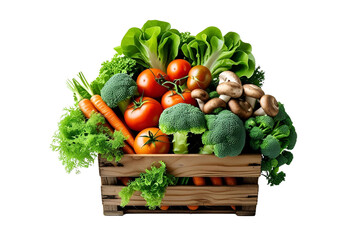 Fresh assorted vegetables in wooden box container top view display.