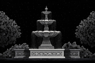 Elegant Nighttime Fountain Scene. Classic stone fountain under starry night sky, ideal for outdoor architecture themes, landscaping, and tranquil atmospheres.