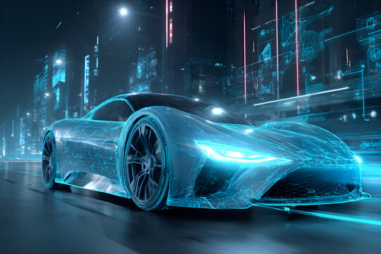 Autonomous electric car driving through futuristic city with hud interface