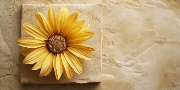 Sunlit yellow flower resting on a grainy leather square over muted beige texture