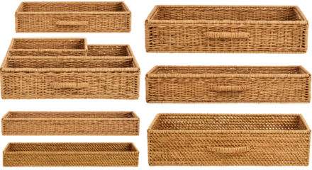 A collection of woven storage baskets in various sizes and shapes, showcasing natural textures, ideal for home organization