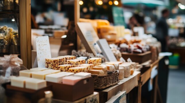 Artisan market stall with handmade bakery products and labels in local organic street food shop environment