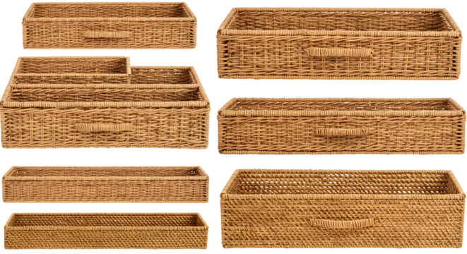 A collection of woven storage baskets in various sizes and shapes, showcasing natural textures, ideal for home organization