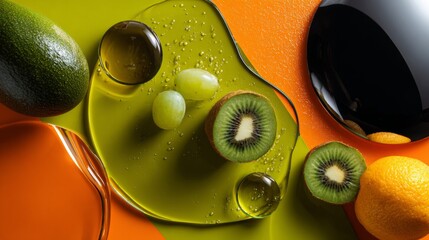 Closeup of sliced kiwi orange and avocado with drops on green background for fruit nutrition theme