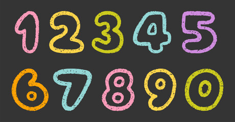 Crayon number doodle set. Chalk pencil font with kid signs in sketch style. Hand drawn vector illustration isolated on black background.