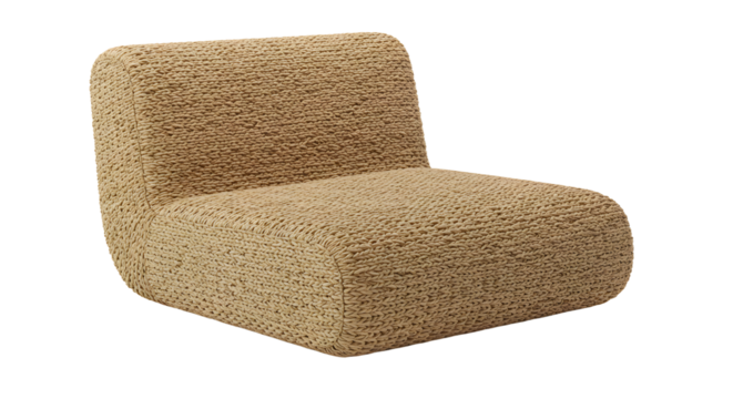 A modern, minimalist beige lounge chair positioned in a bright, airy living room with natural light streaming through windows