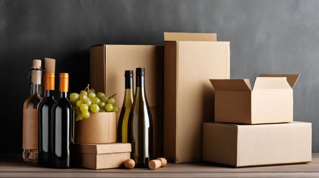 Various packaging boxes with wine bottles for delivery or ecommerce logistics setup on wooden surface background