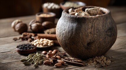 Rustic wooden bowl filled with assorted nuts and spices on vintage textured table for organic food background