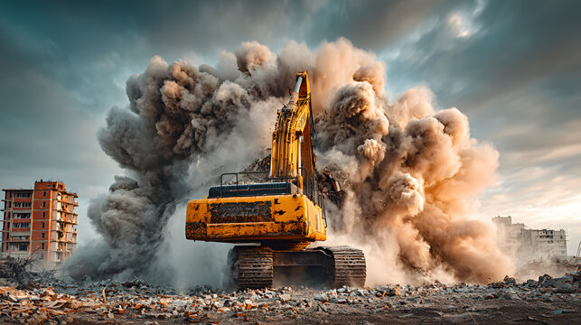 Yellow excavator demolishing an old brick building, creating a large dust cloud and scattering debris in a demolition site