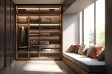 Modern walk in closet with bench by window illuminating clothes and pillows