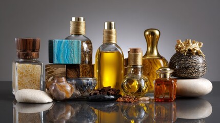 Luxury beauty and skincare products with bottles and soap blocks styled on reflective surface for product branding