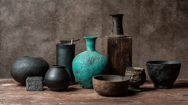 Rustic clay and ceramic vases on neutral textured background for pottery product presentation in studio lighting