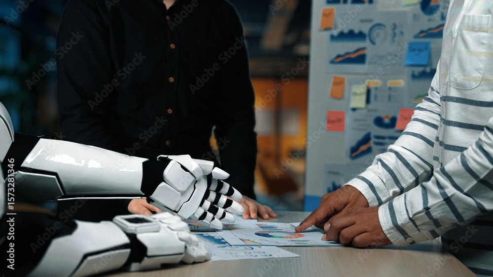 Poster a human and a robot collaborate in an office, analyzing data on graphs and charts. this modern setti