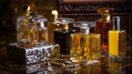 Vintage glass perfume and apothecary bottles on decorative tray with warm light for retro luxury fragrance display