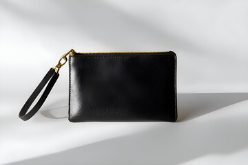 Elegant black leather clutch bag with gold zipper and wrist strap on white background