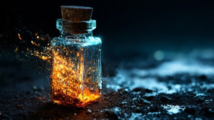 Mystical glowing bottle with light sparks and smoke on dark surface background
