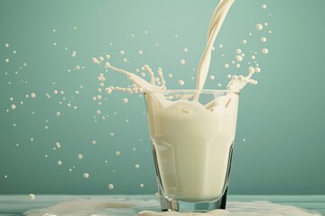 Splashing stream of fresh milk pouring into a clear glass on pastel background