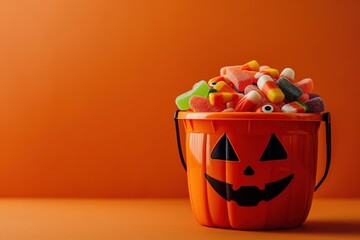 Halloween pumpkin bucket filled with colorful candy on orange background.