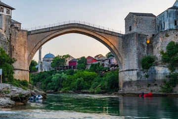 View of Mostar's Old Town with it's iconic Stari Most (Old Bridge) and River Neretva in  Bosnia-Herzegovina