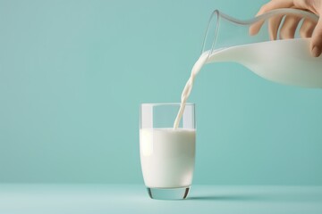 human hand pouring fresh milk from a glass pitcher into a clear glass, against a solid light blue background.