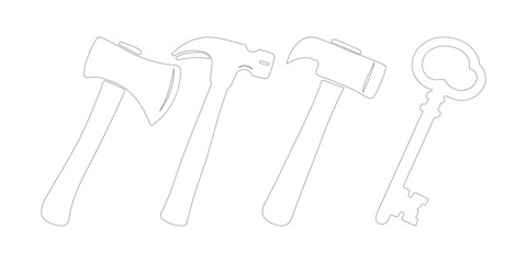 Black Silhouette Icons of Axe, Hammer, Mallet, and Vintage Key