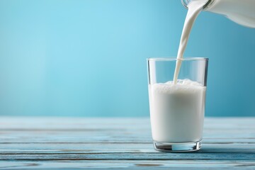 Fresh milk being poured into a clear glass on light blue background, placed on a wooden table.