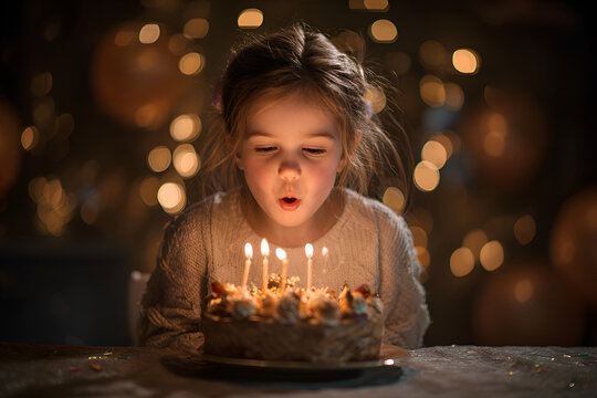 Little girl blowing out candles on birthday cake in atmospheric light